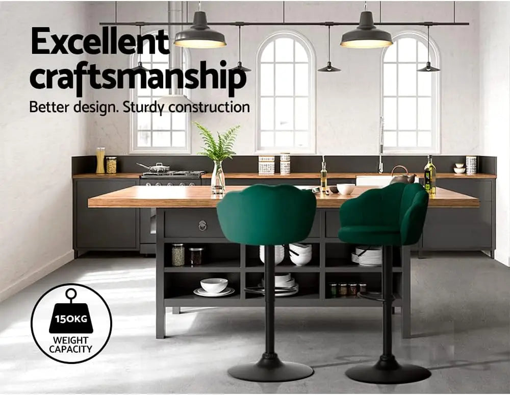 Set of 2 Dark Green Velvet Bar Stools