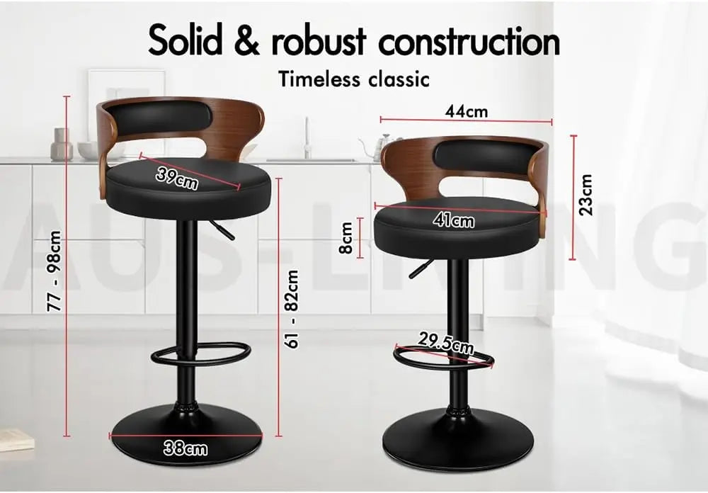 Set of 2 Wooden Bar Stools with Black PU Leather