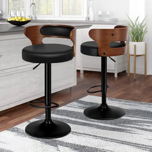 Set of 2 Wooden Bar Stools with Black PU Leather