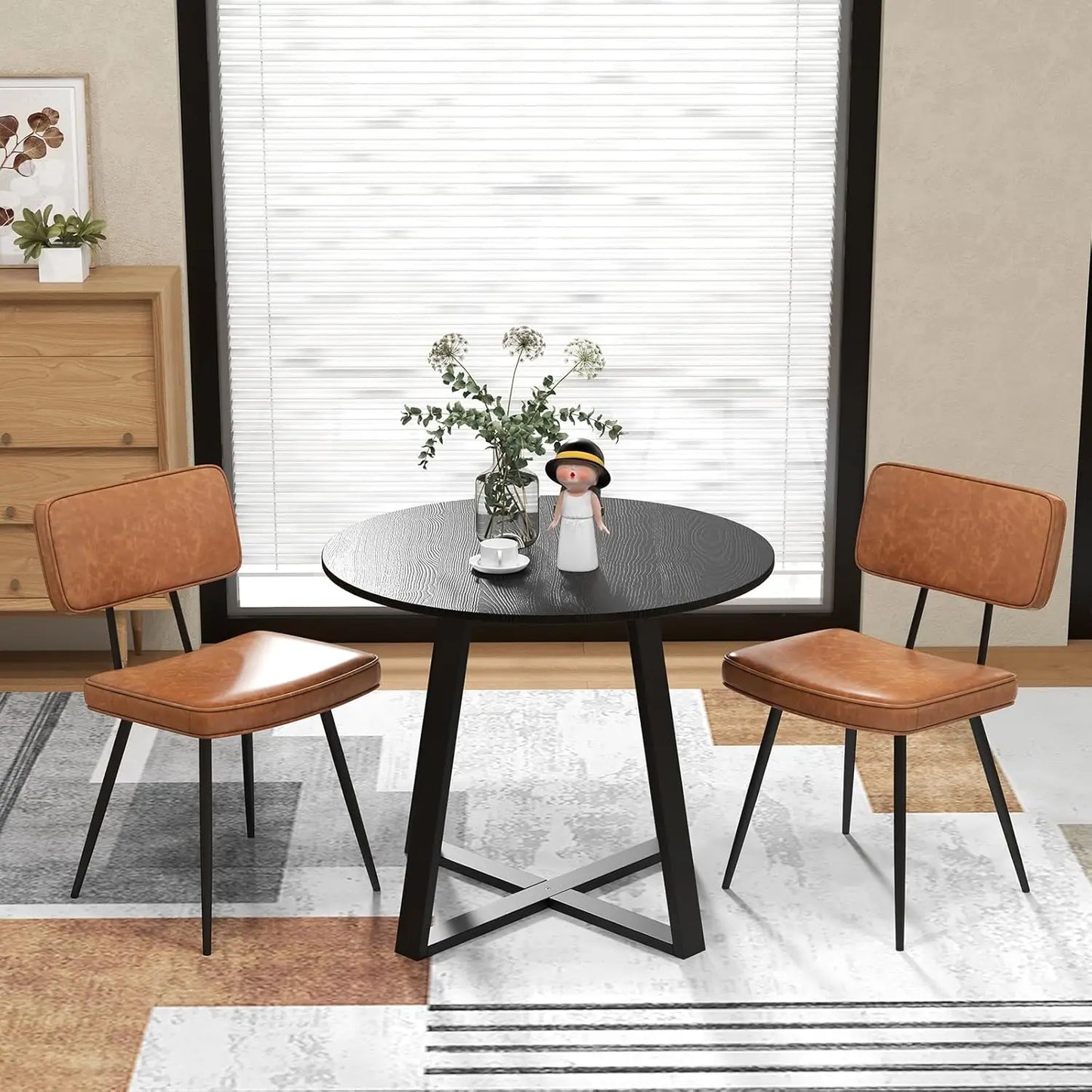 Set of 2 Modern Dining Chairs – Brown PU Leather Upholstery